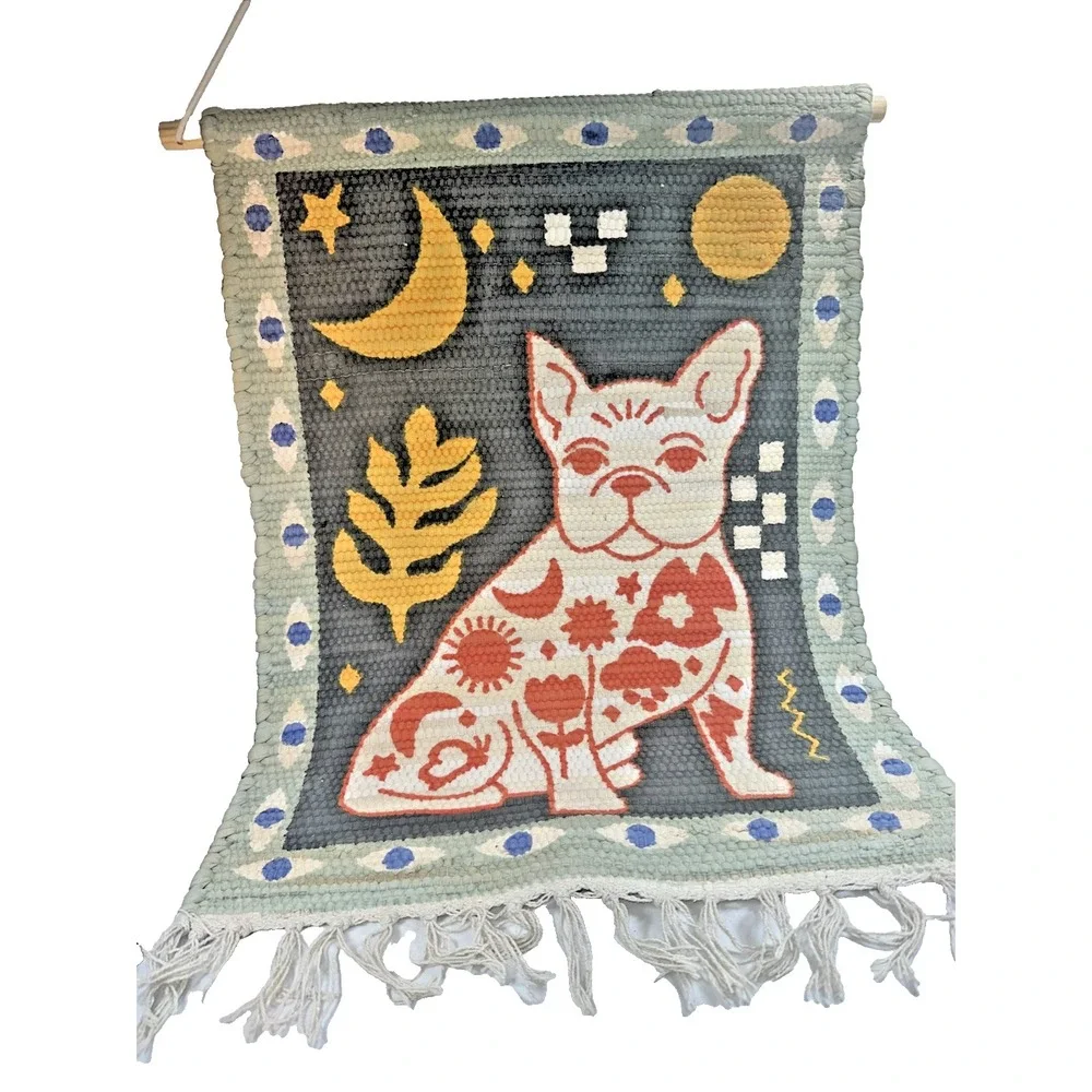 Urban Outfitters Tattooed Frenchie Wall Hanging Tapestry Dog Celestial Fringed